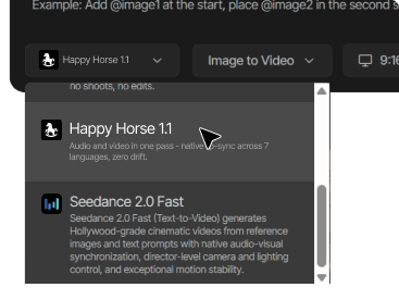 Open Tagshop AI and select Happy Horse 1.1